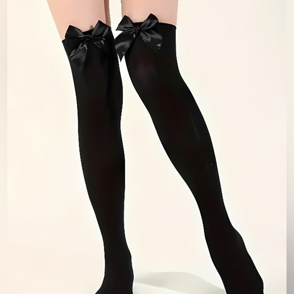 Source Unknown Accessories - Lolita Plus Size Black Thigh High Stockings Black Bow 1XL Sexy Lingerie